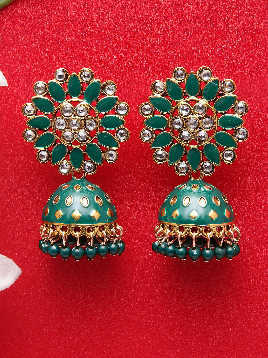 

Moedbuille Green & Gold-Toned Brass-Plated Dome Shaped Jhumkas