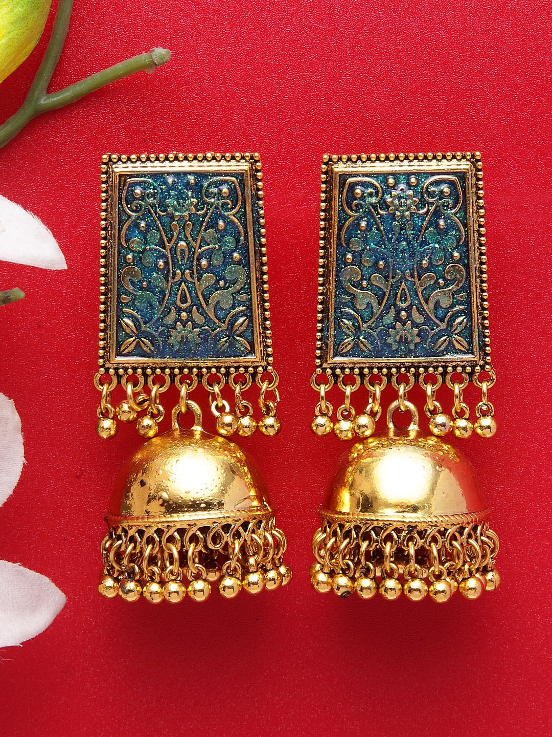 

Moedbuille Gold-Toned & Blue Dome Shaped Meenakari Jhumkas