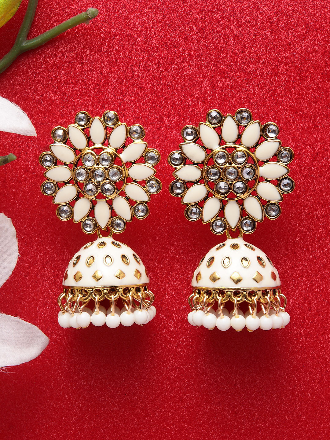 

Moedbuille Cream-Coloured & Gold-Toned Handcrafted Meenakari Oxidised Dome Shaped Jhumkas