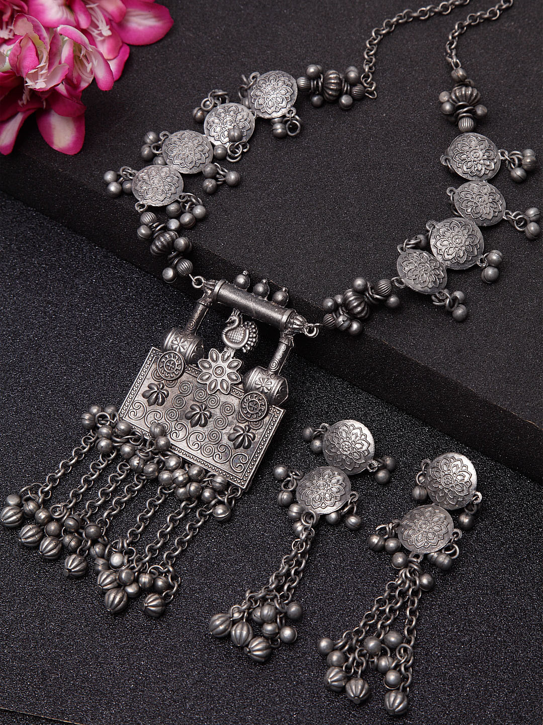 

Moedbuille Oxidised Silver-Plated Tasseled Rajasthan Look Antique Handcrafted Tribal Jewellery Set, Metallic
