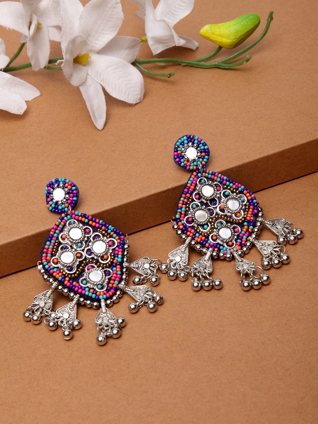 

Moedbuille Multicoloured Crescent Shaped Handcrafted Afghan Drop Earrings, Multi