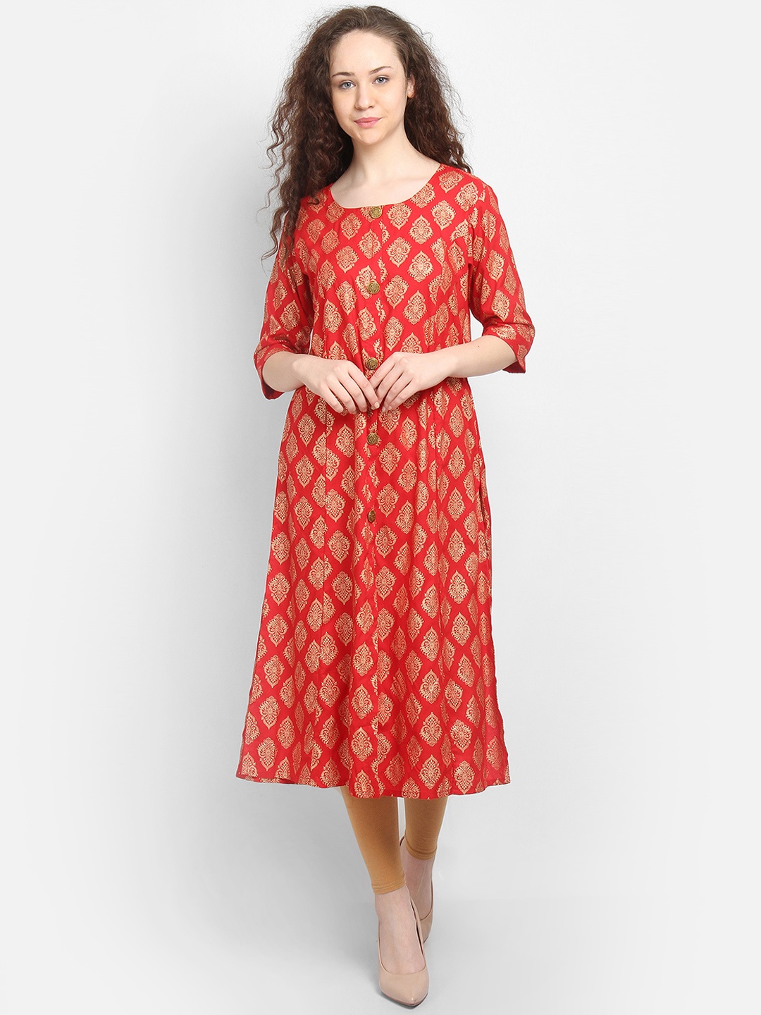 

La Bele Women Red & Gold Foil Print A-Line Kurta