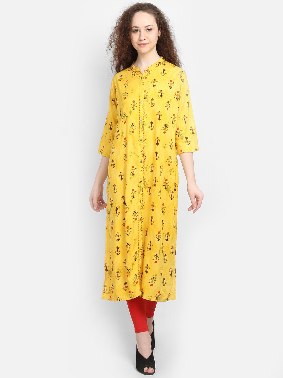 

La Bele Women Yellow Floral Print Straight Kurta