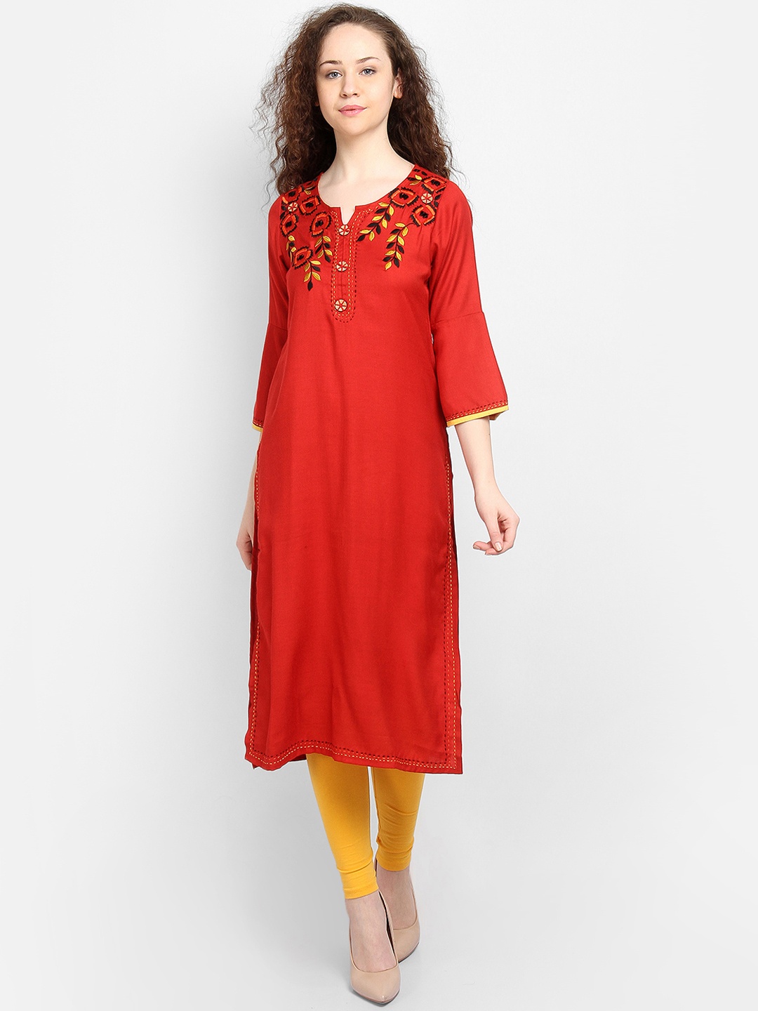 

La Bele Women Red & Yellow Embroidered Straight Kurta