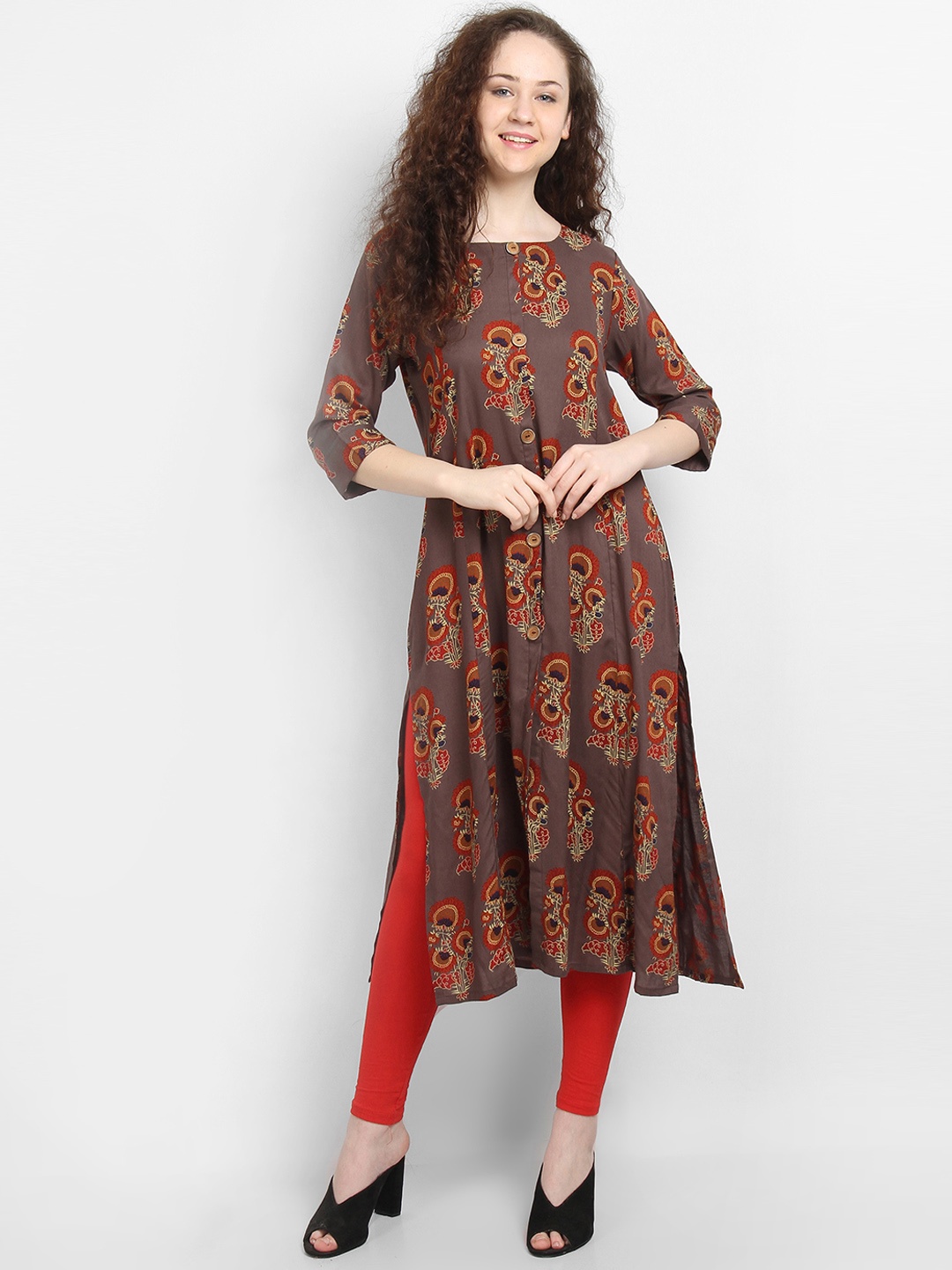 

La Bele Women Brown & Orange Floral Print Straight Kurta