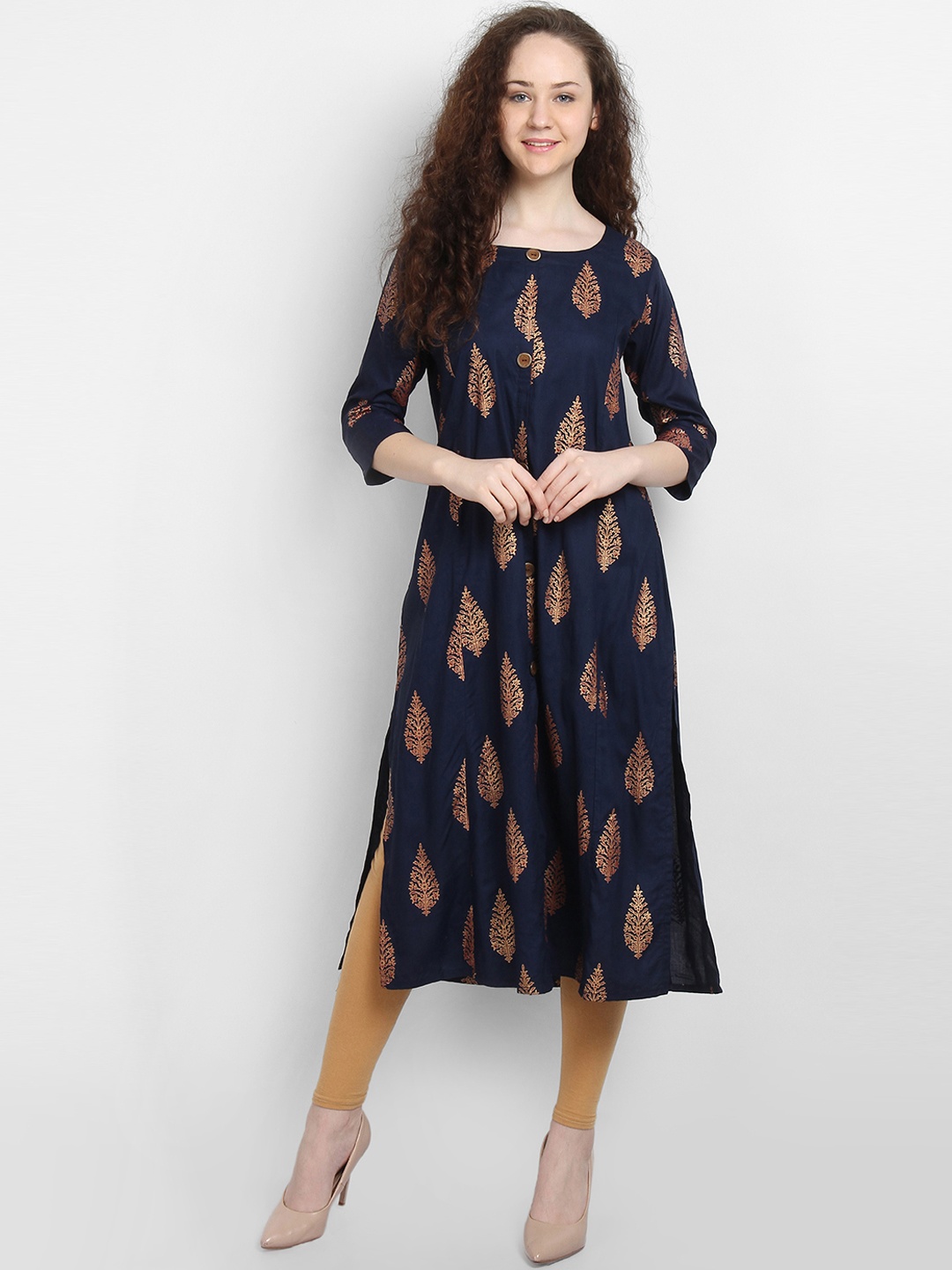 

La Bele Women Blue & Gold-Toned Printed Straight Kurta