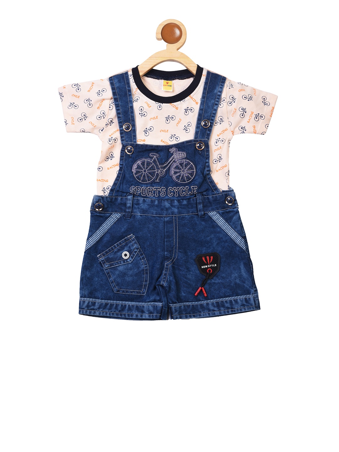 

BORN WEAR Boys Navy Blue & Peach-Coloured Printed T-shirt with Dungarees