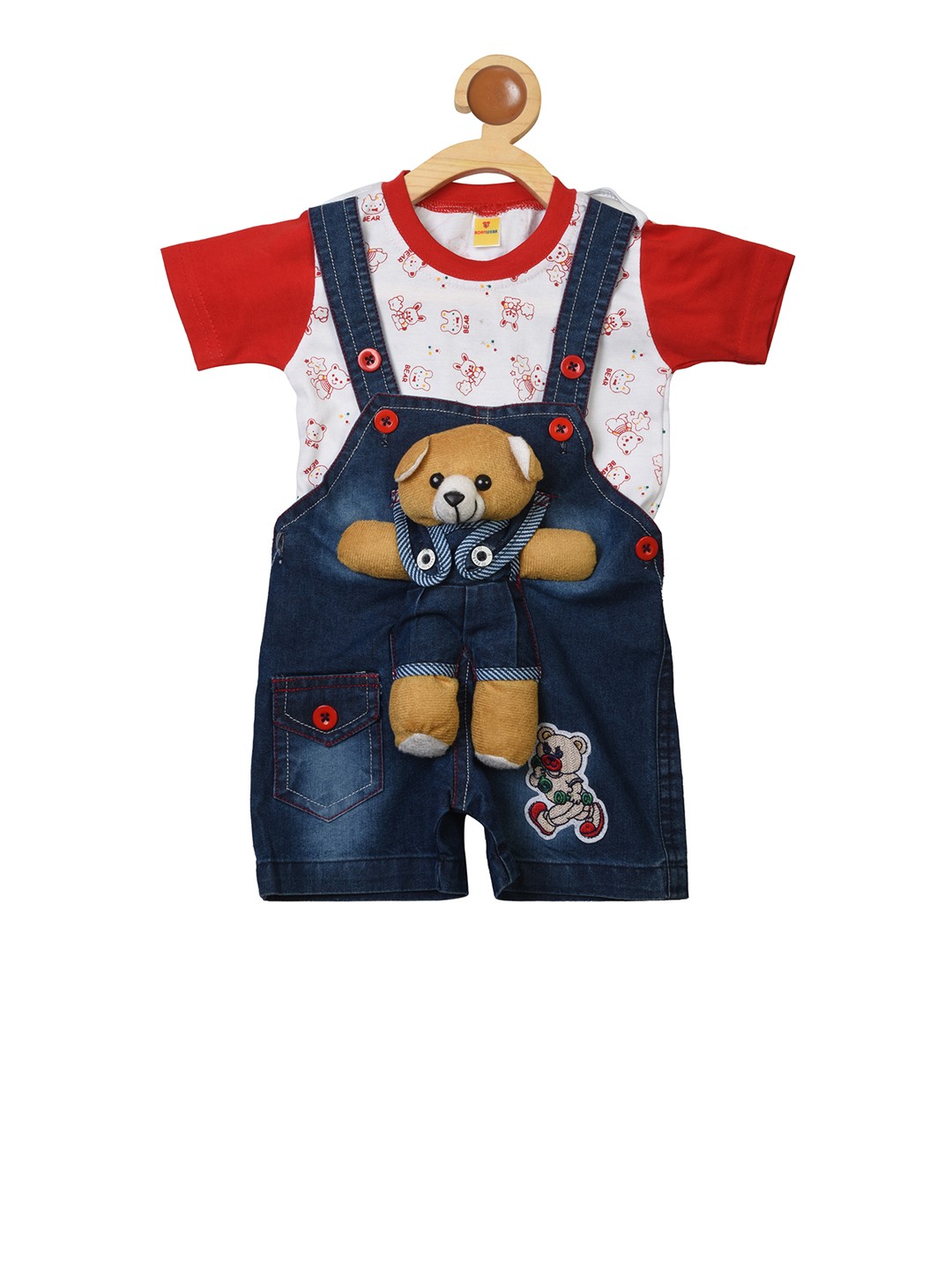 

BORN WEAR Boys White & Navy Blue Printed Dungarees