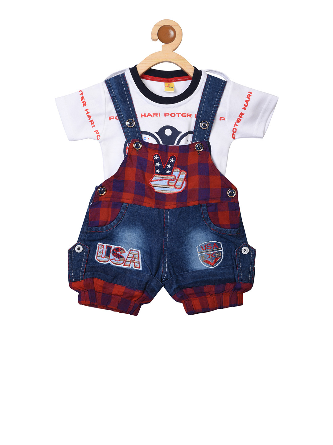 

BORN WEAR Boys White & Navy Blue Printed Dungarees