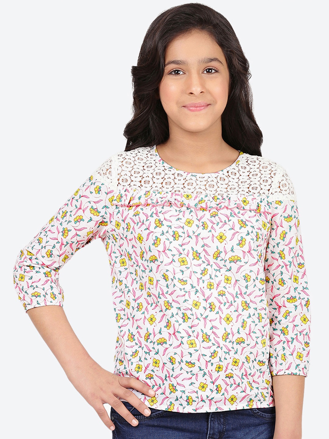 

CACA CINA Girls Off-White & Pink Printed Pure Cotton Top