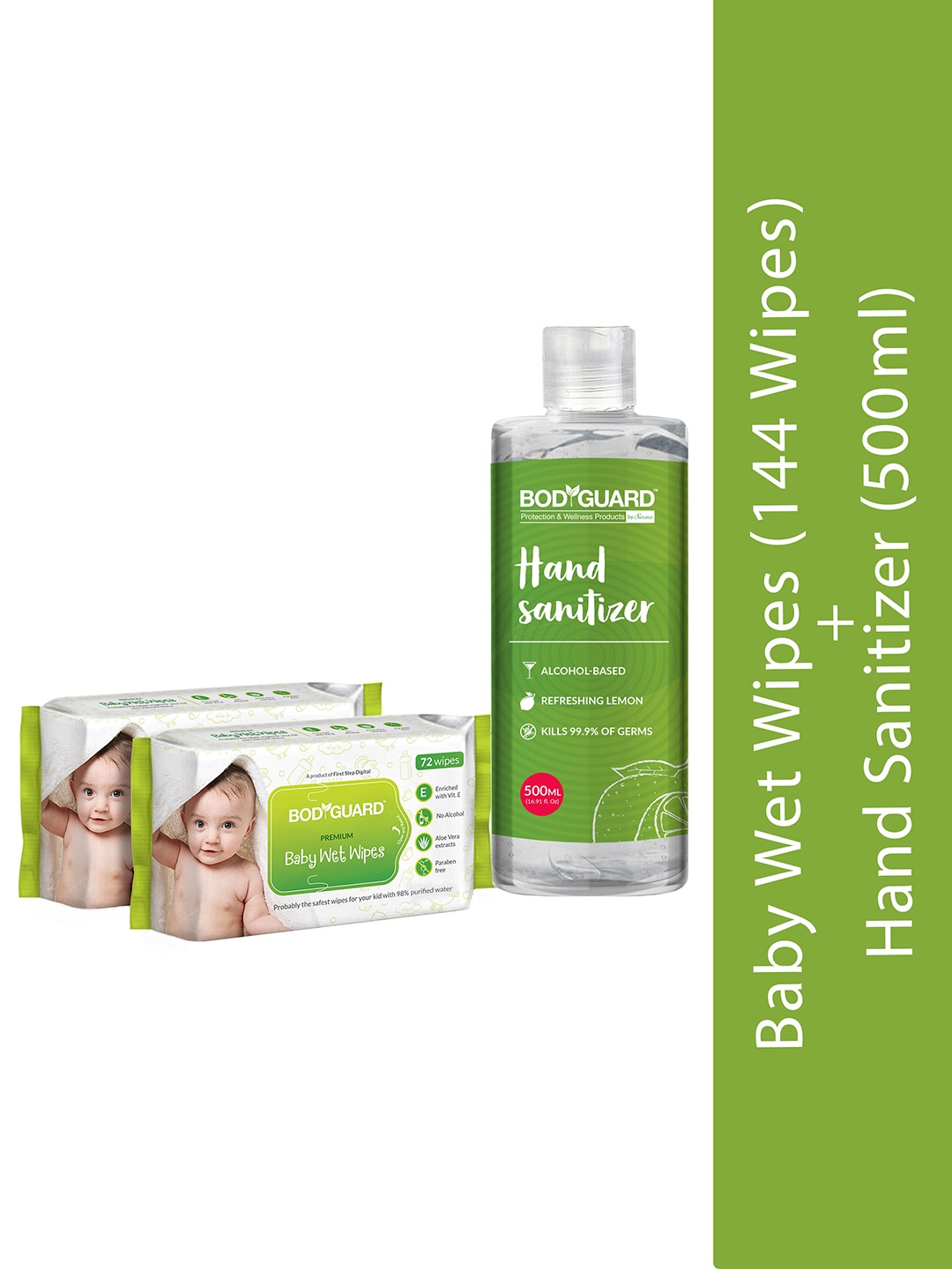 

BOD GUARD Set of 2 Baby Wet Wipes & Alcohol Based Hand Sanitizer 500 ml, Green