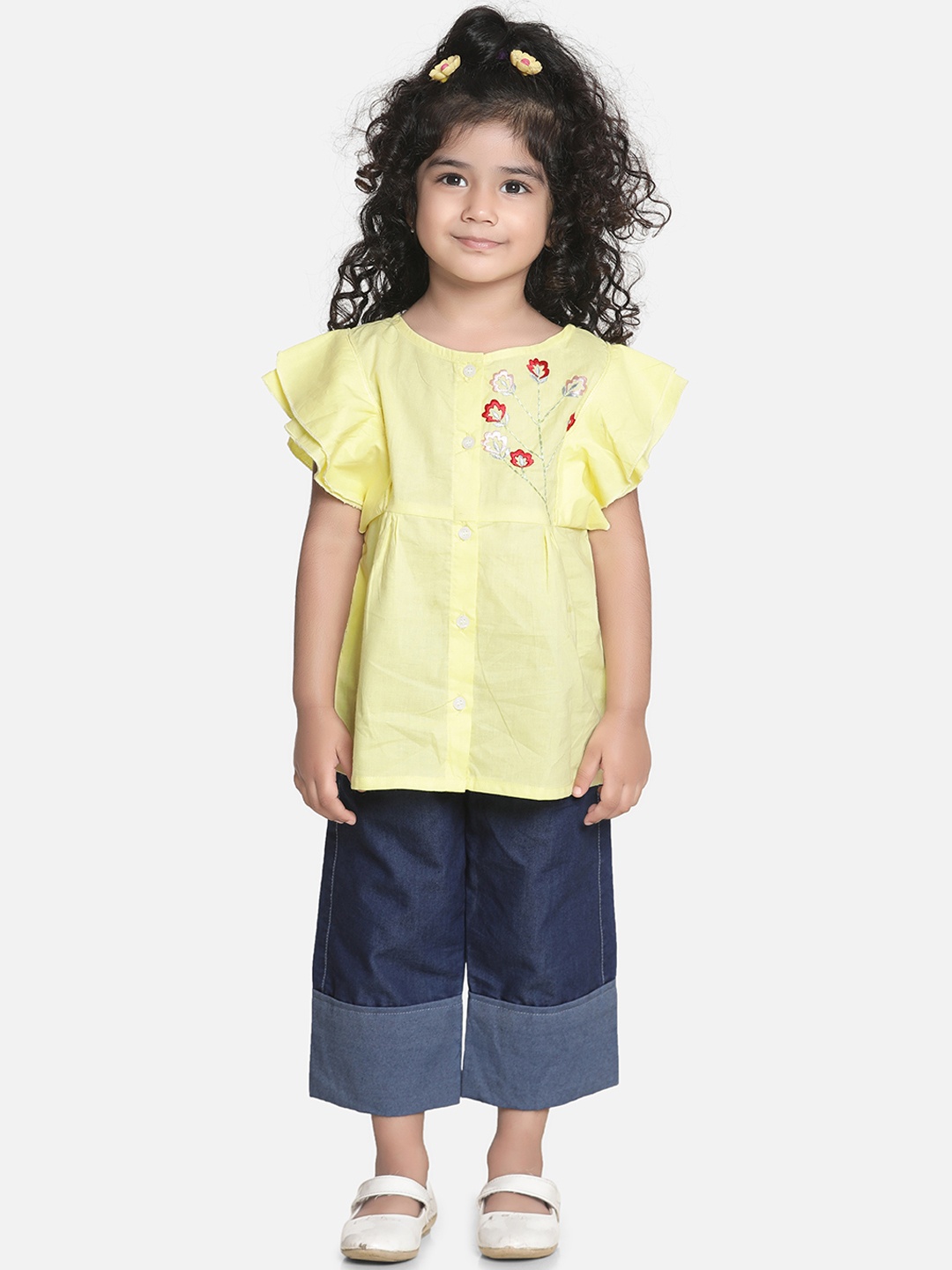 

AWW HUNNIE Girls Yellow & Navy Blue Embroidered Top with Trousers