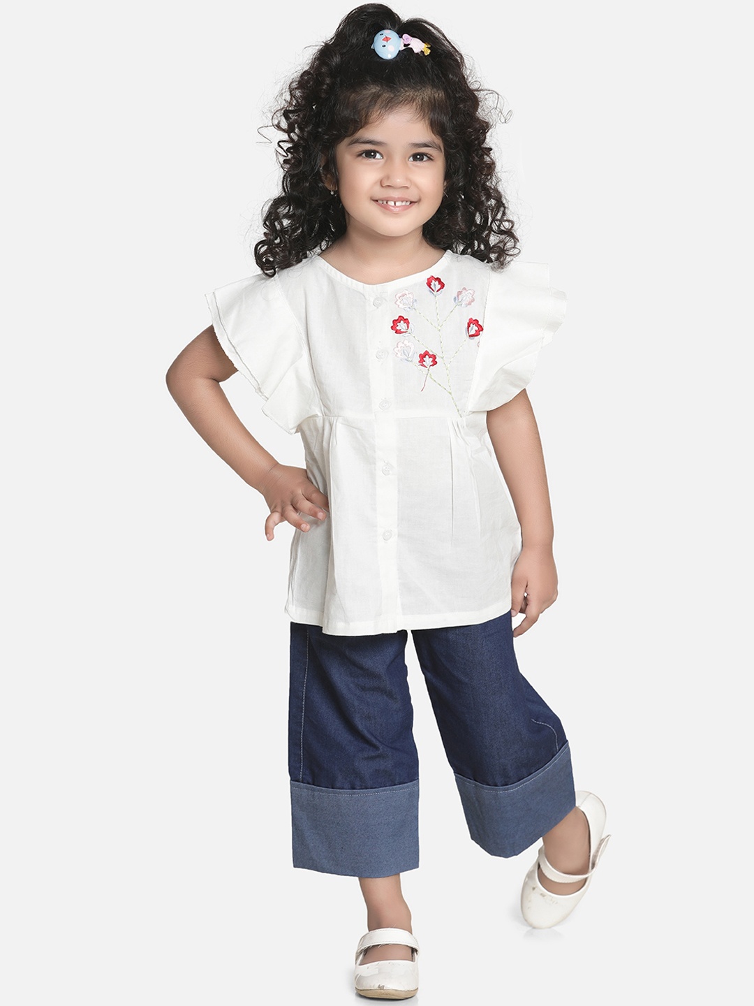 

AWW HUNNIE Girls White & Navy Blue Embroidered Top with Trousers
