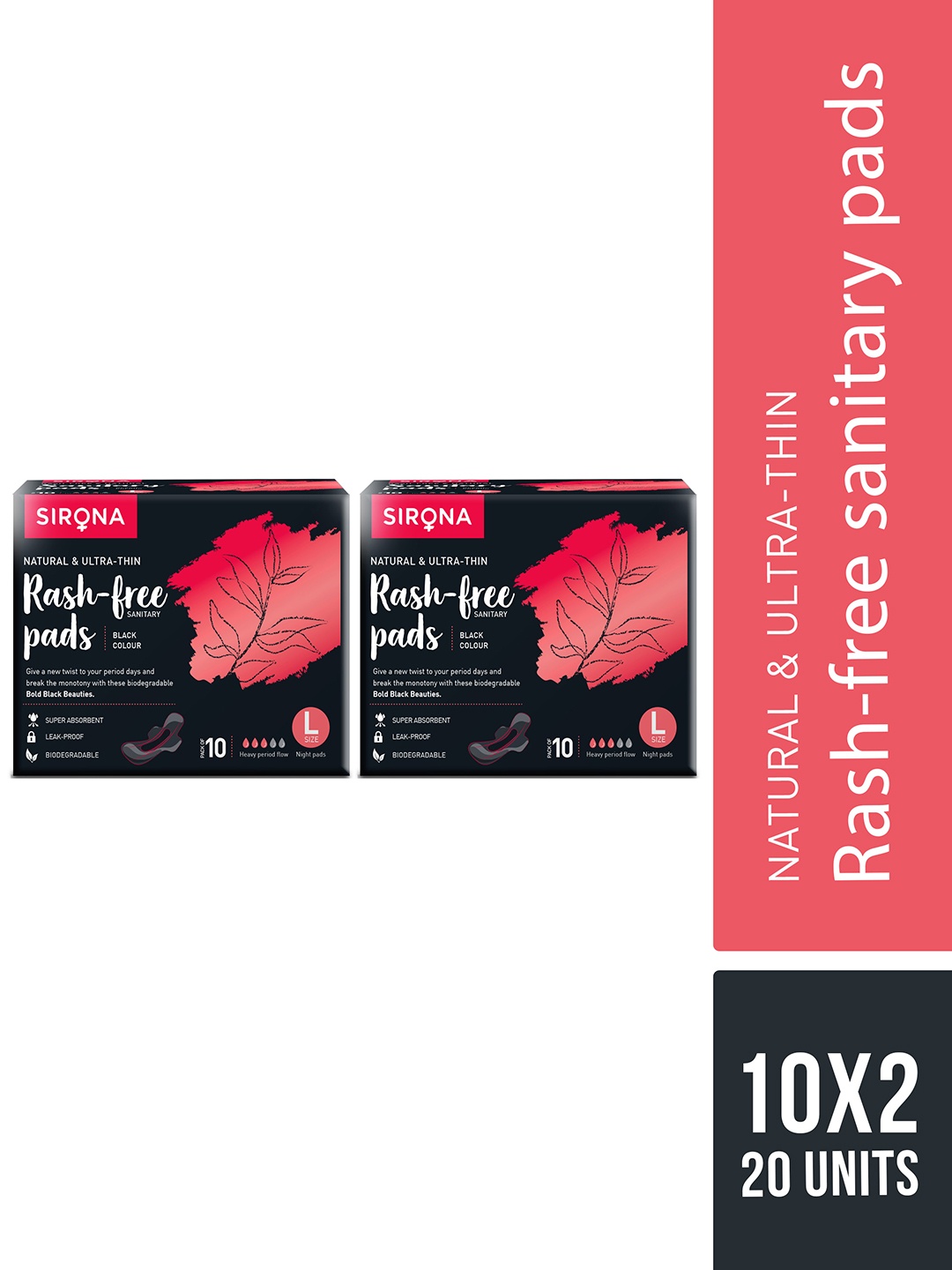 

Sirona Pack of 2 Biodegradable Black Large Night Sanitary Pads