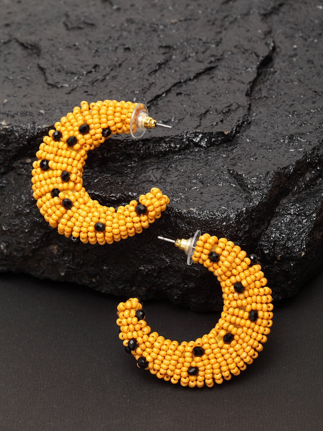 

Madame Black & Mustard Crescent Shaped Half Hoop Hand beaded Earrings