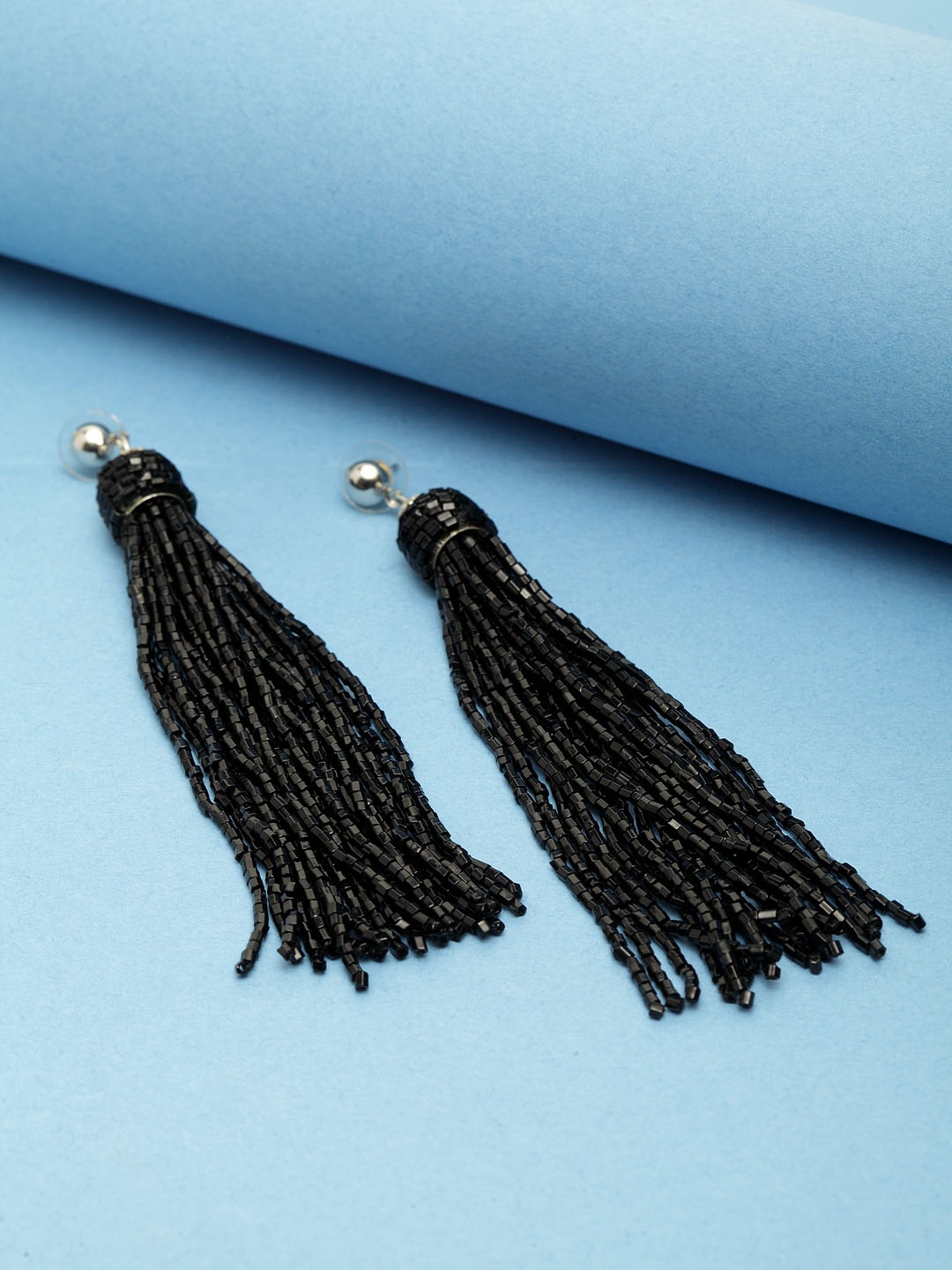 

Madame Black & Silver-Plated Handcrafted Tasselled Drop Earrings
