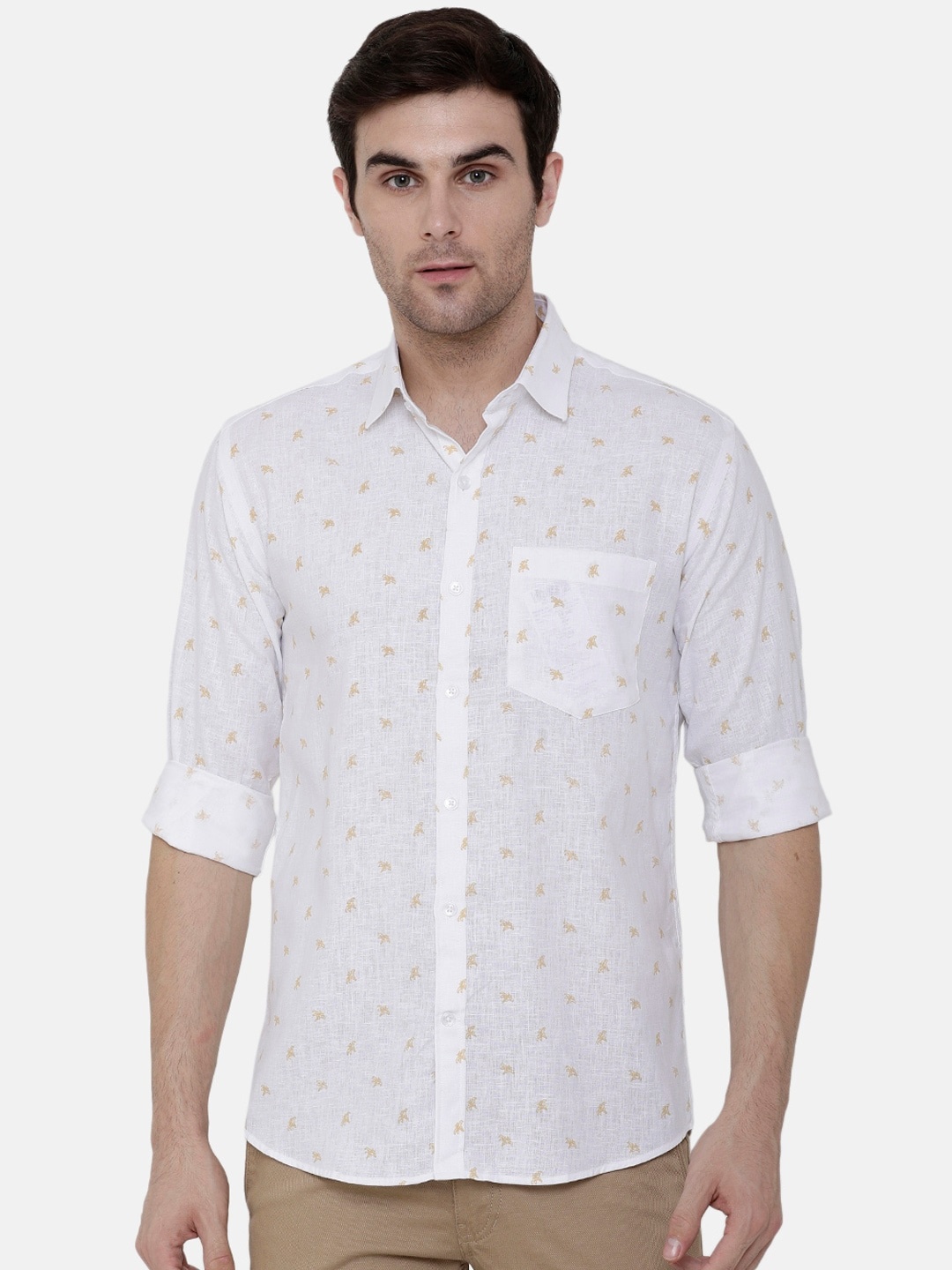 

CAVALLO by Linen Club Men White Linen Cotton Floral Print Sustainable Casual Shirt