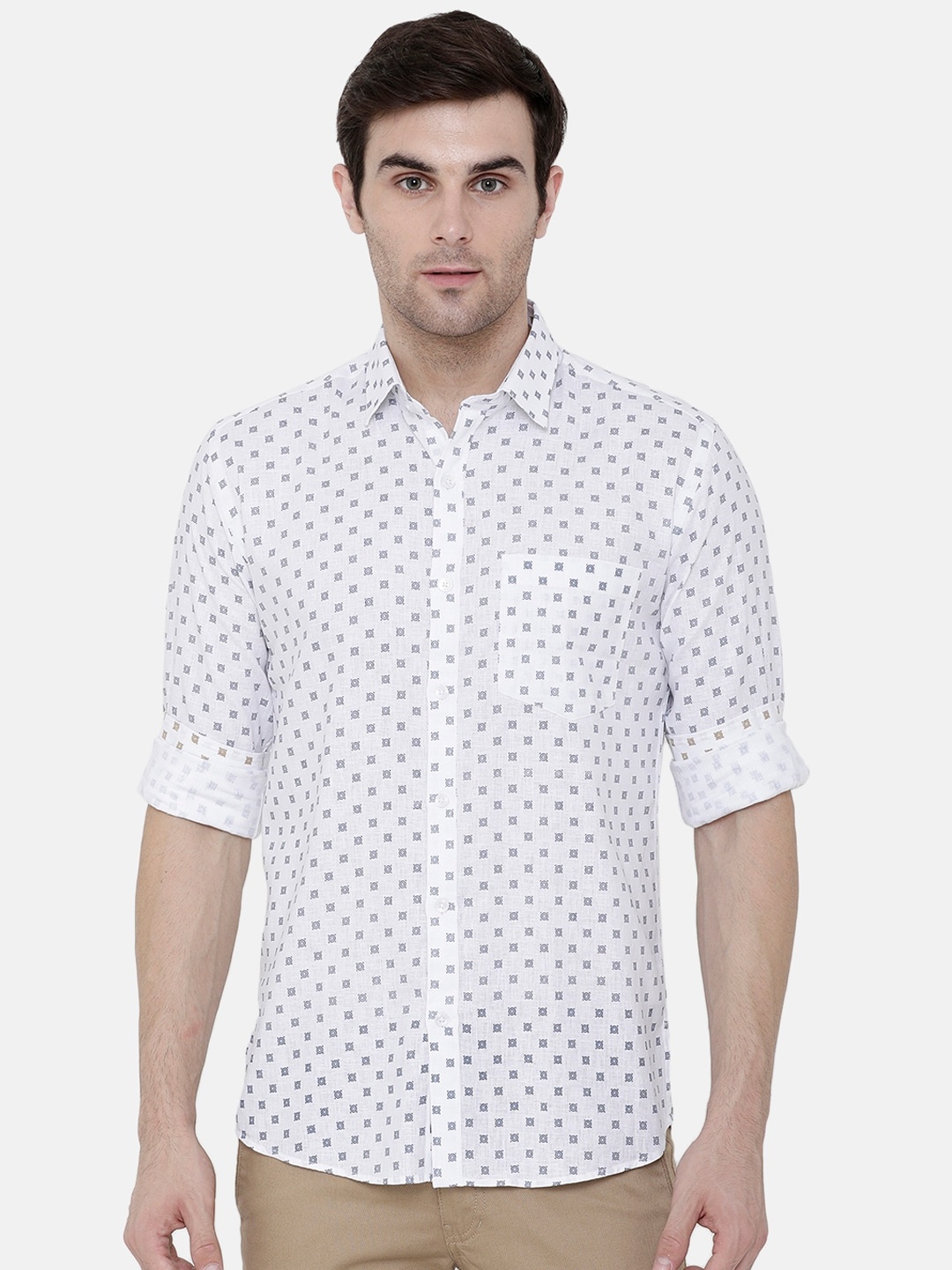 

CAVALLO by Linen Club Men White Printed Linen Cotton Sustainable Shirt