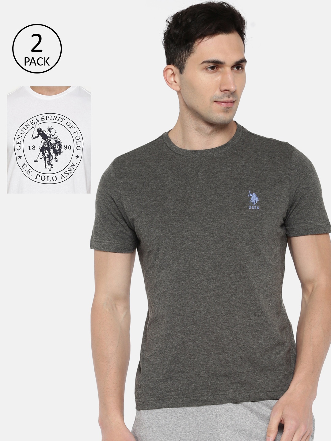 

U.S. Polo Assn. Men Pack of 2 Charcoal Grey & White Printed Lounge T-Shirt