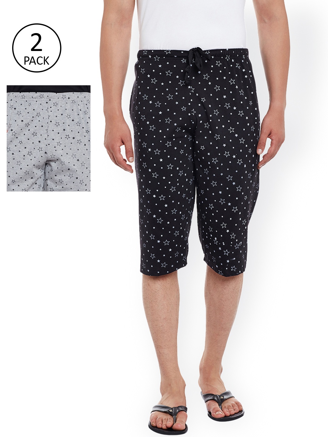 

VIMAL Men Pack Of 2 Black & Grey Melange Printed Lounge Shorts