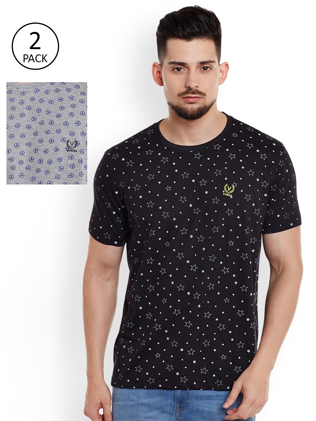 

VIMAL JONNEY Men Pack of 2 Grey Melange & Black Printed Round Neck T-shirt