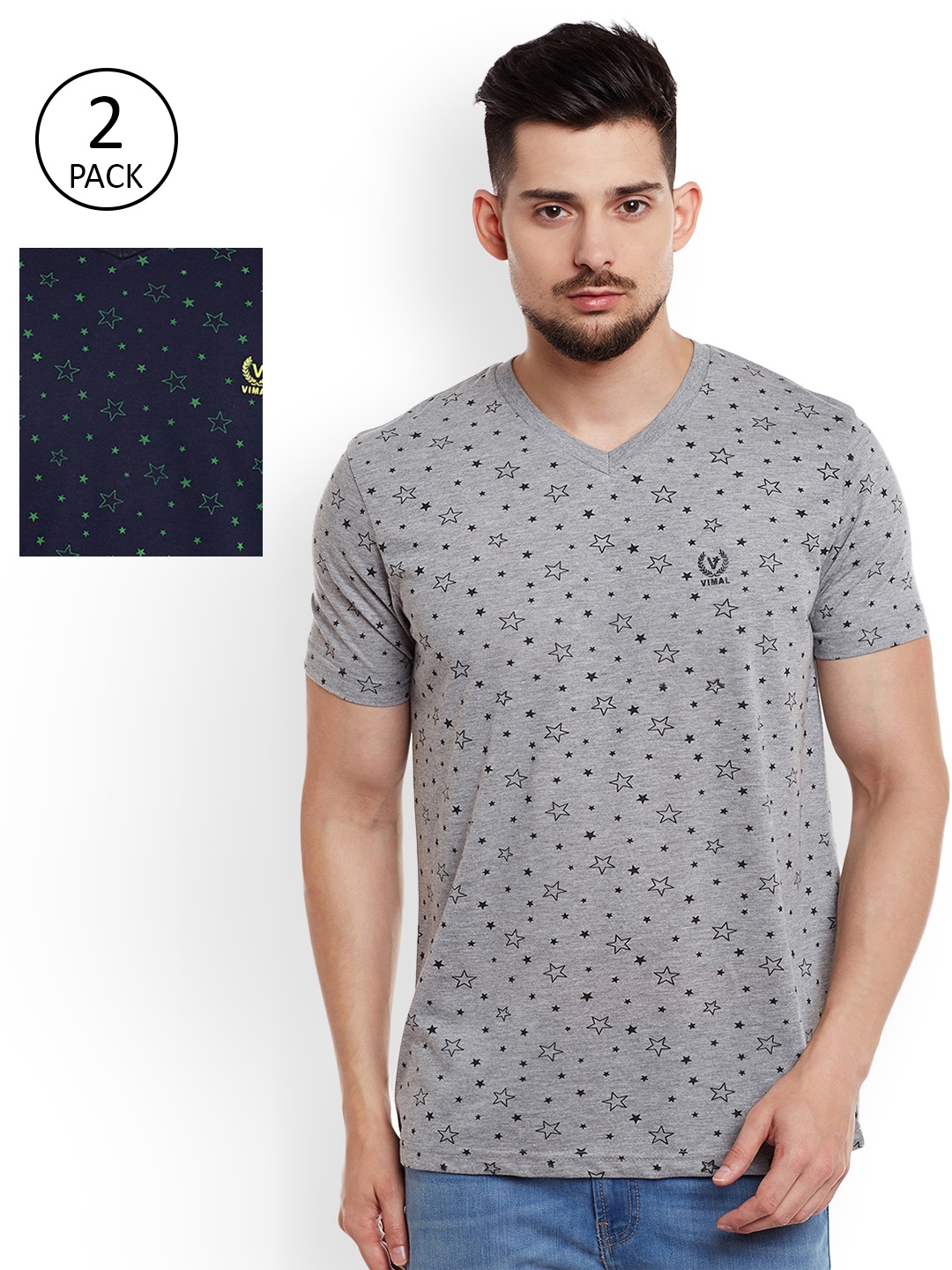 

MACK JONNEY Men Pack of 2 Grey Melange & Navy Blue Printed Round Neck T-shirt