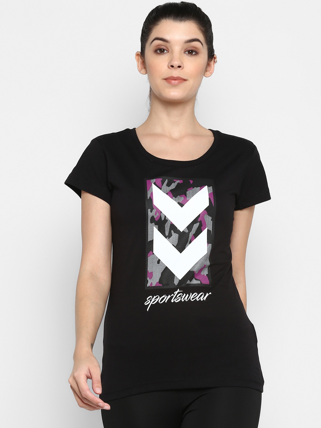 

hummel Women Black Printed Round Neck T-shirt