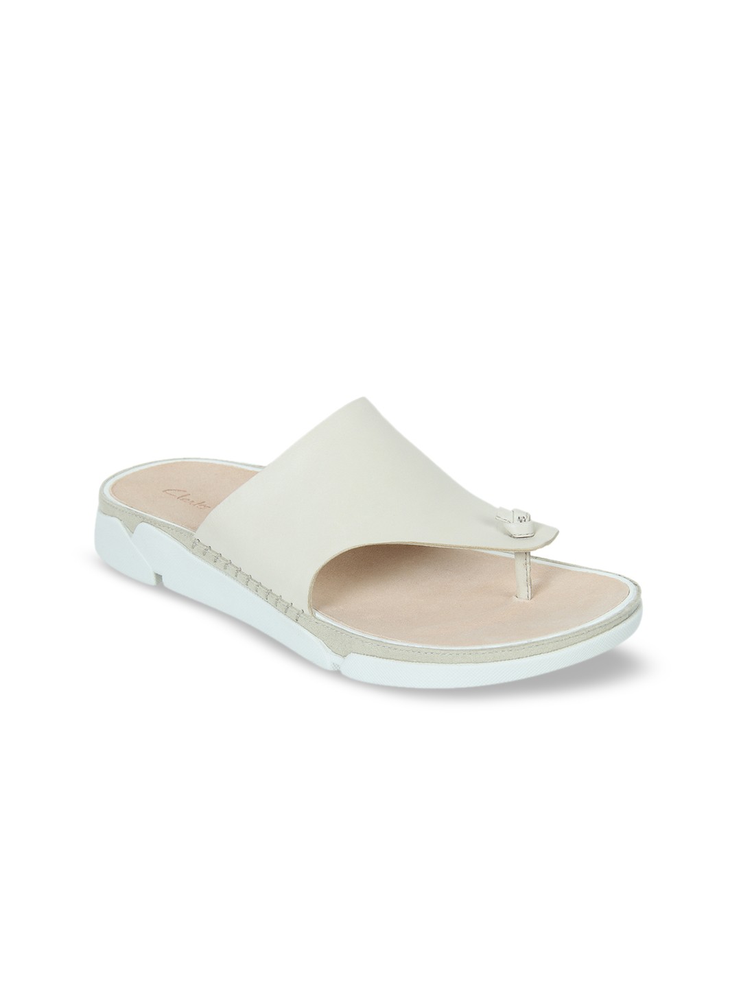 

Clarks Women Off-White Solid Leather T-Strap Flats