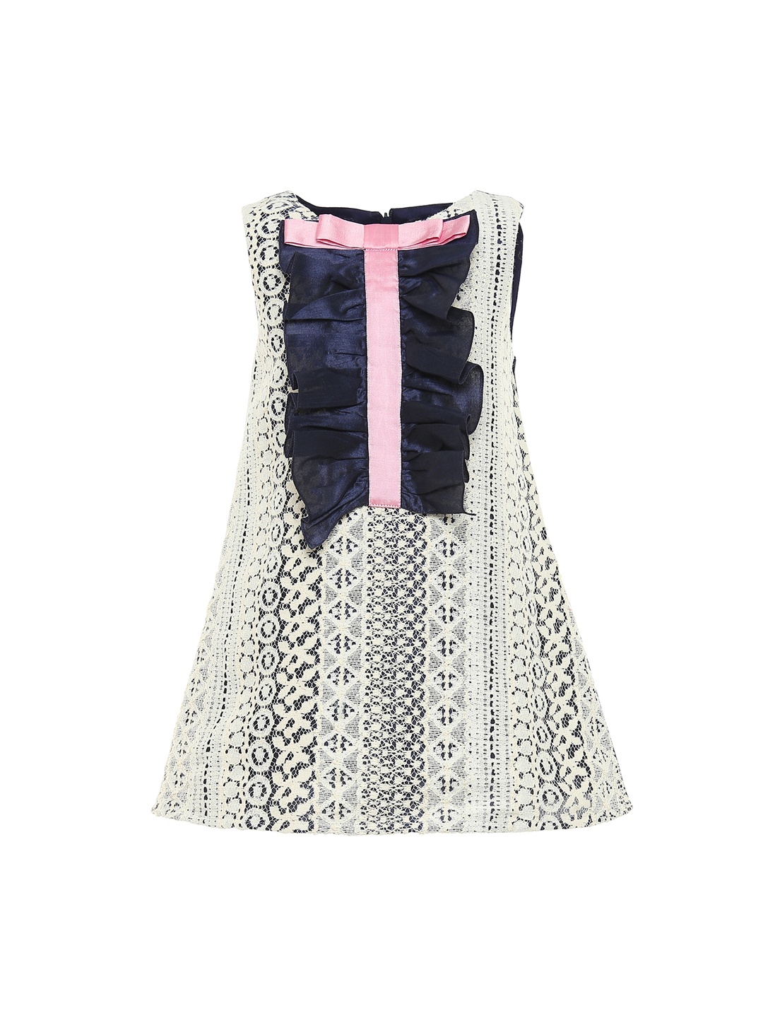 

A Little Fable Girls Navy Blue & Off-White Self Design Chrome Fit and Flare Dress