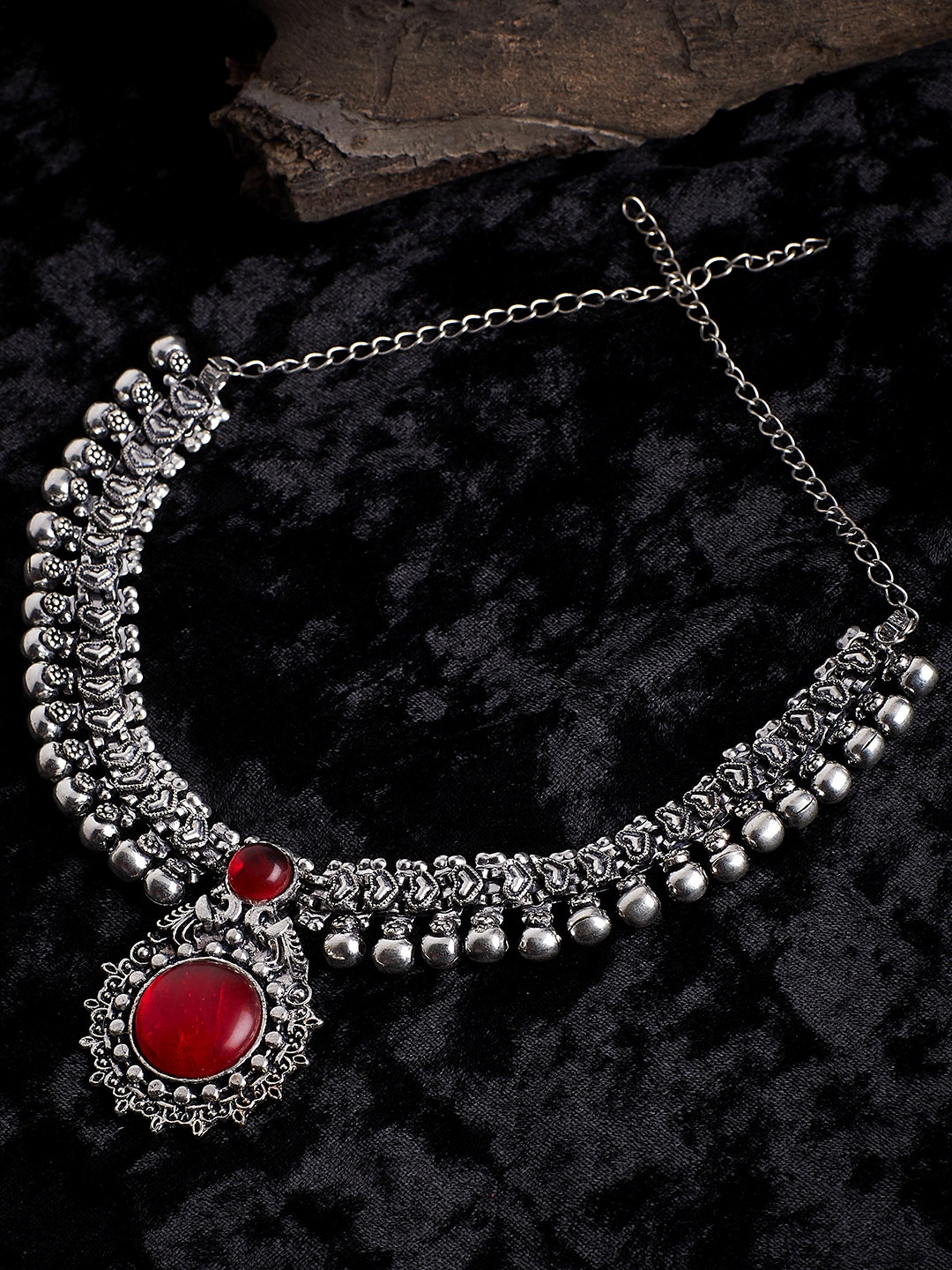 

PANASH Silver-Plated & Red Oxidised Necklace