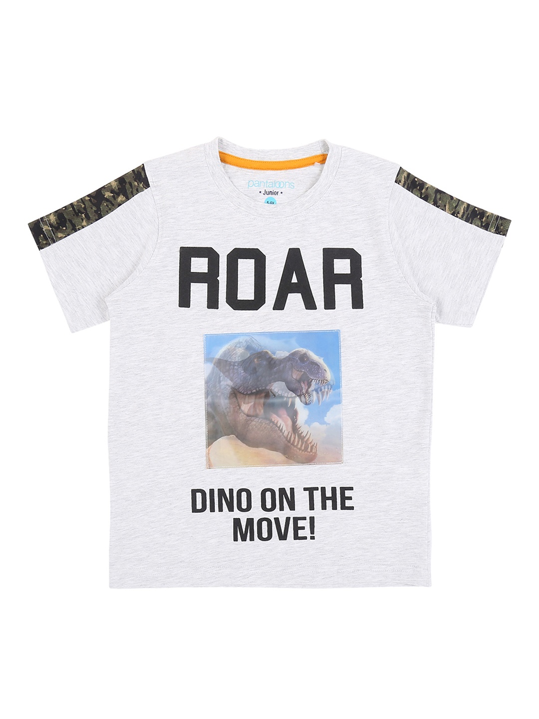 

Pantaloons Junior Boys Grey Melange Printed Round Neck T-Rex Pure Cotton T-shirt