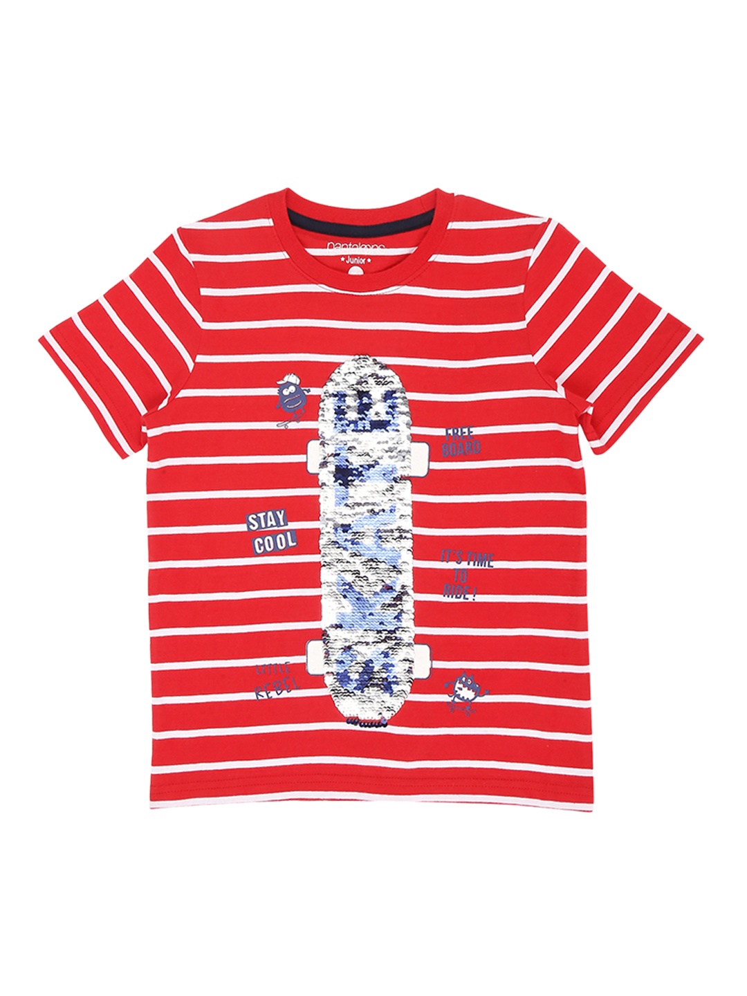 

Pantaloons Junior Boys Red Striped Round Neck Pure Cotton T-shirt