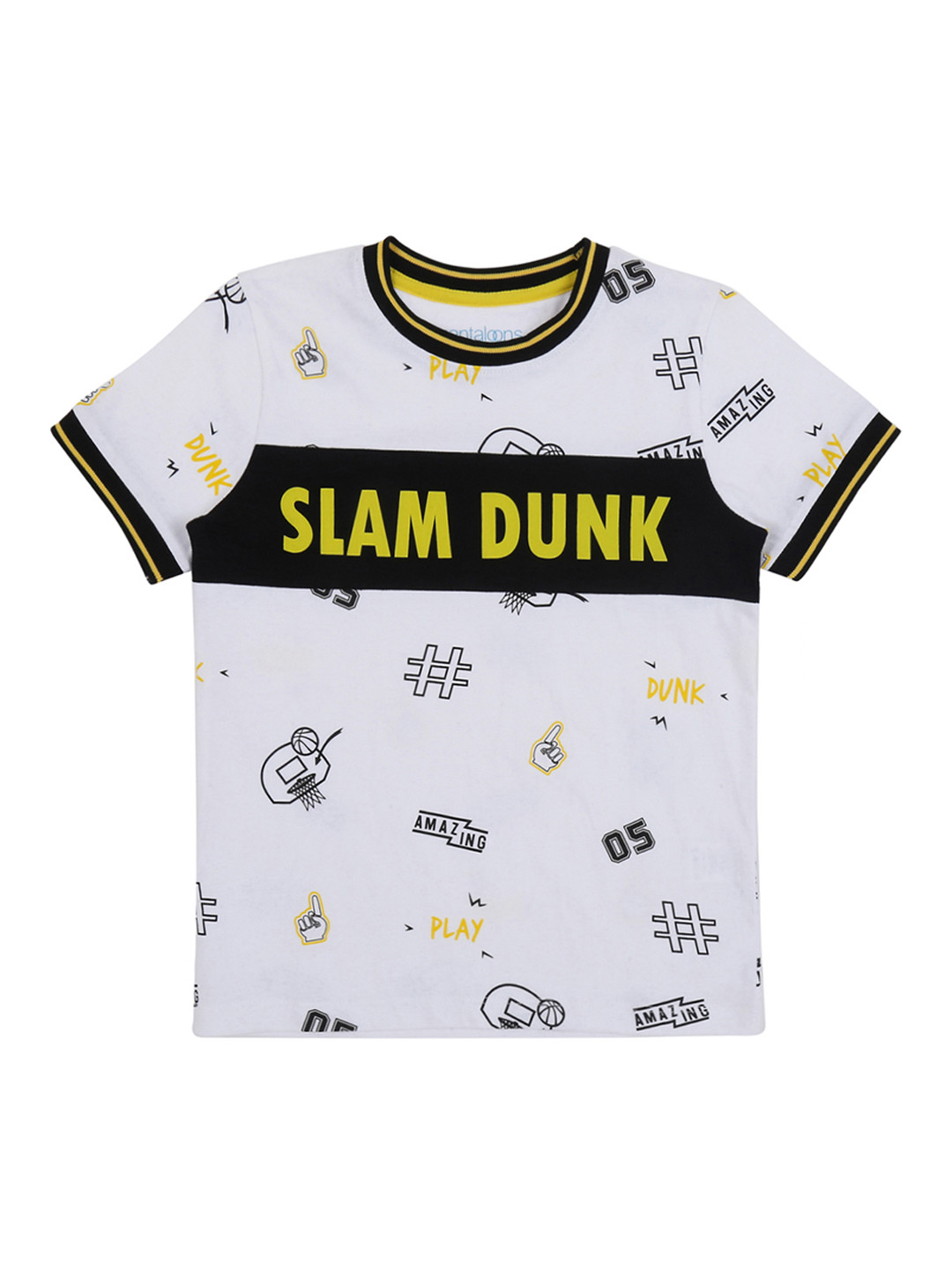 

Pantaloons Junior Boys White Black Printed Round Neck Pure Cotton T-shirt