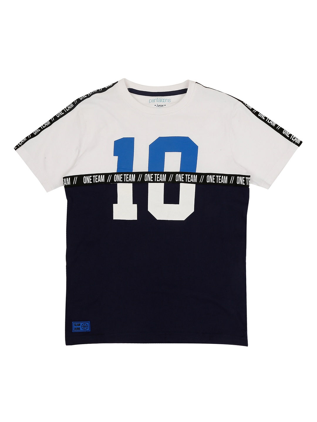 

Pantaloons Junior Boys White Navy Blue Printed Colourblocked Round Neck Pure Cotton T-shirt