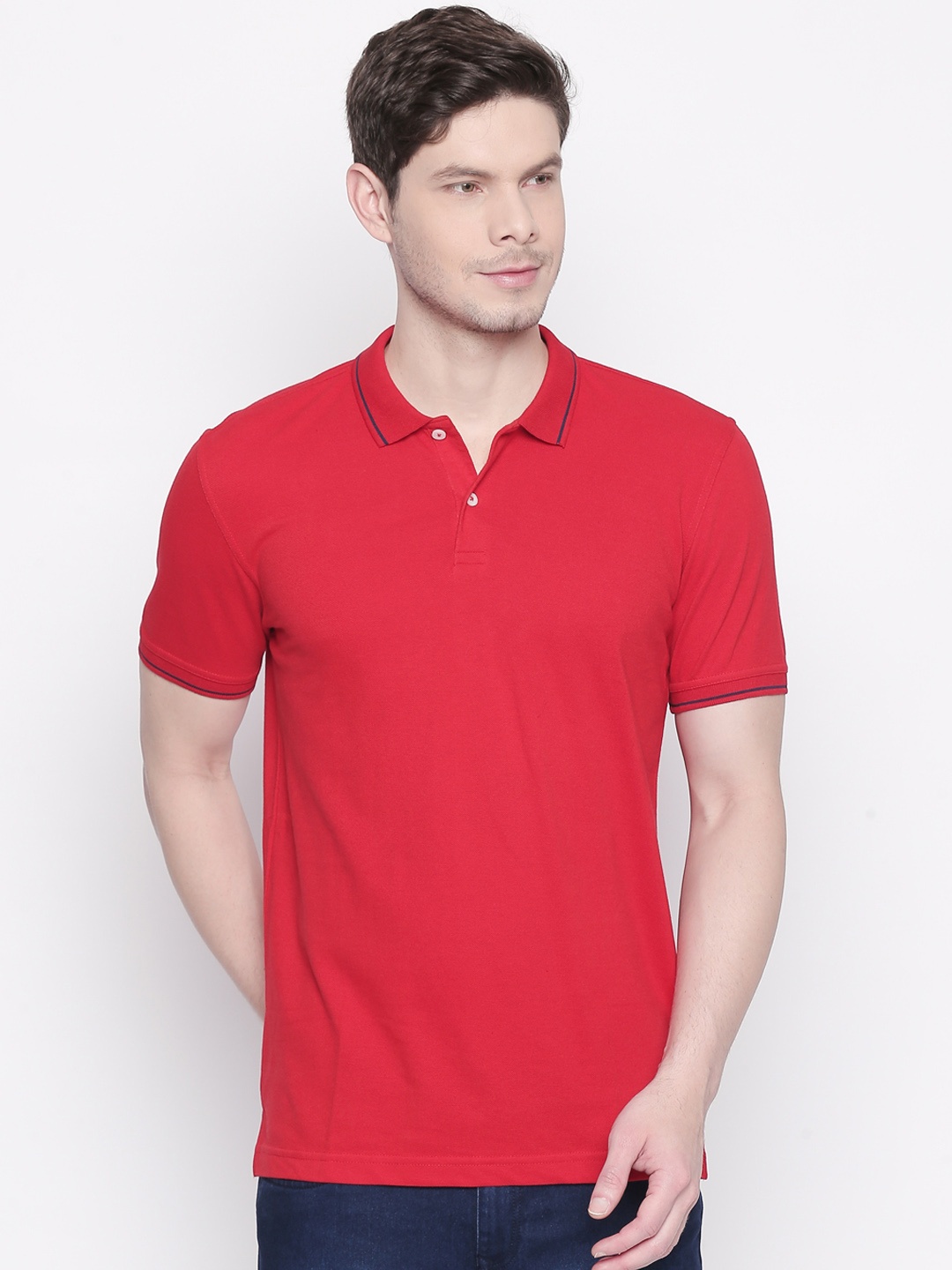 

BYFORD by Pantaloons Men Red Solid Polo Collar Pure Cotton T-shirt