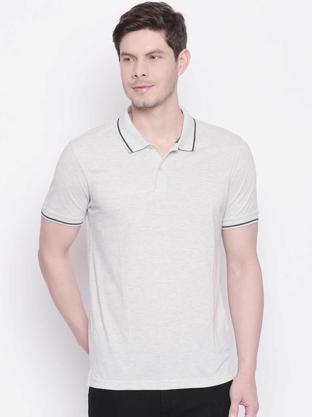 

BYFORD by Pantaloons Men Grey Melange Solid Polo Collar Pure Cotton T-shirt