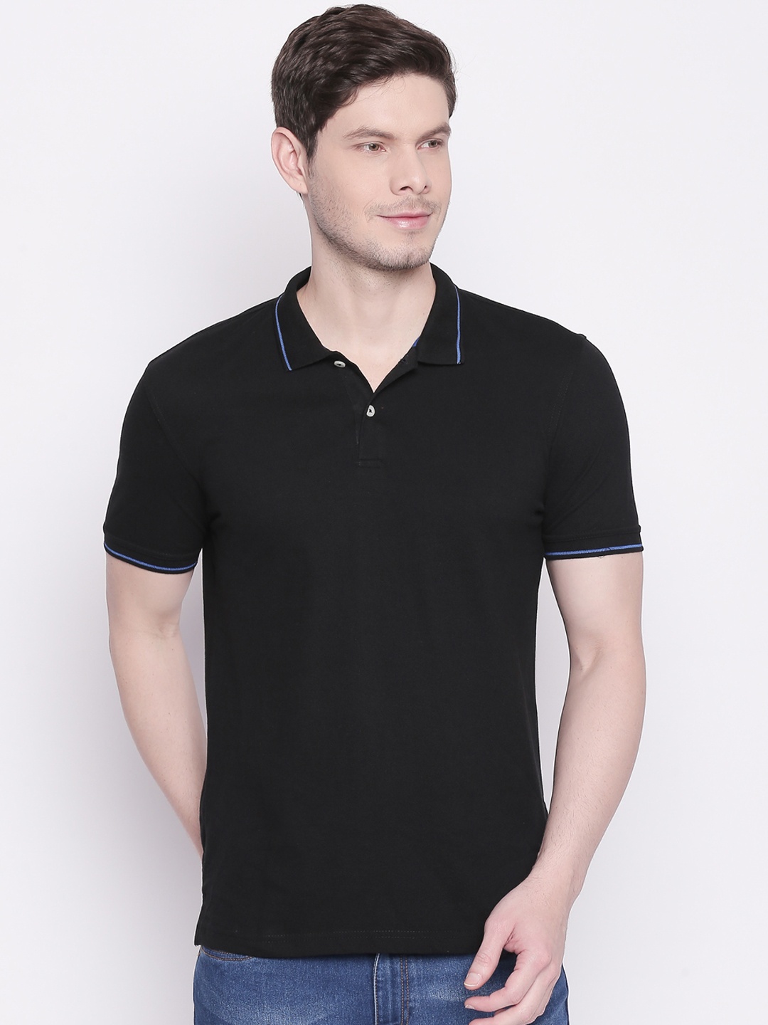 

BYFORD by Pantaloons Men Black Solid Polo Collar Pure Cotton T-shirt