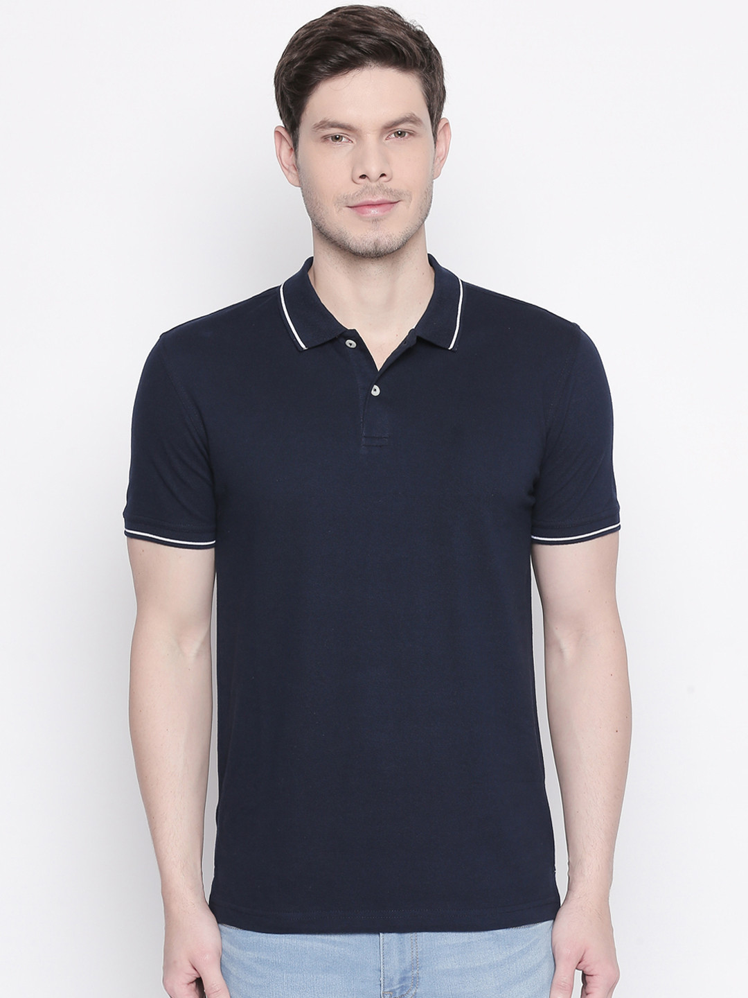 

BYFORD by Pantaloons Men Navy Blue Solid Polo Collar Pure Cotton T-shirt