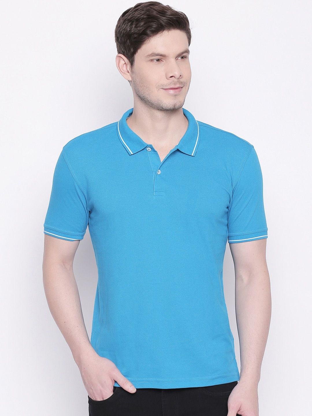 

BYFORD by Pantaloons Men Blue Solid Polo Collar Pure Cotton T-shirt