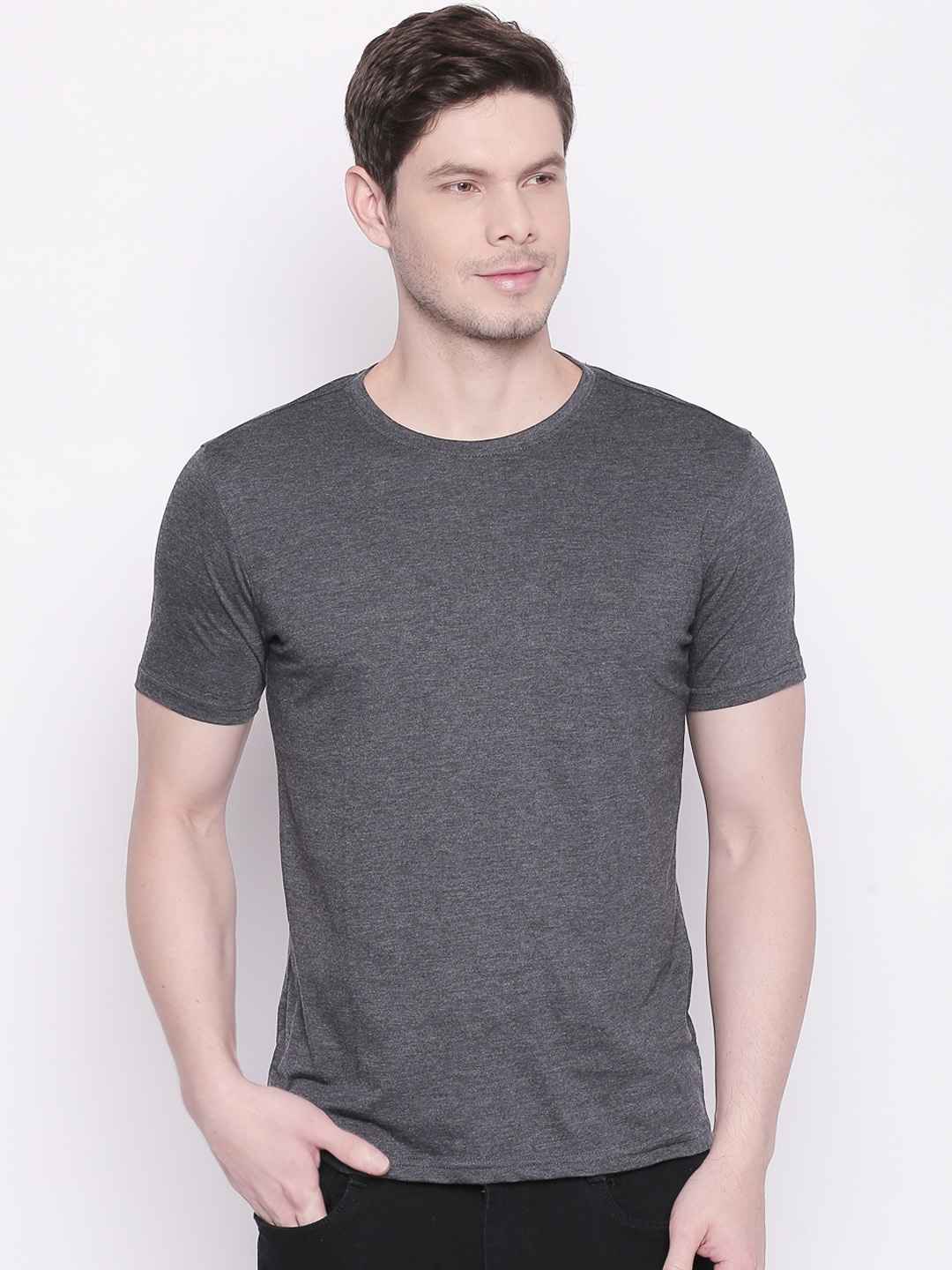 

BYFORD by Pantaloons Men Grey Melange Solid Round Neck Pure Cotton T-shirt