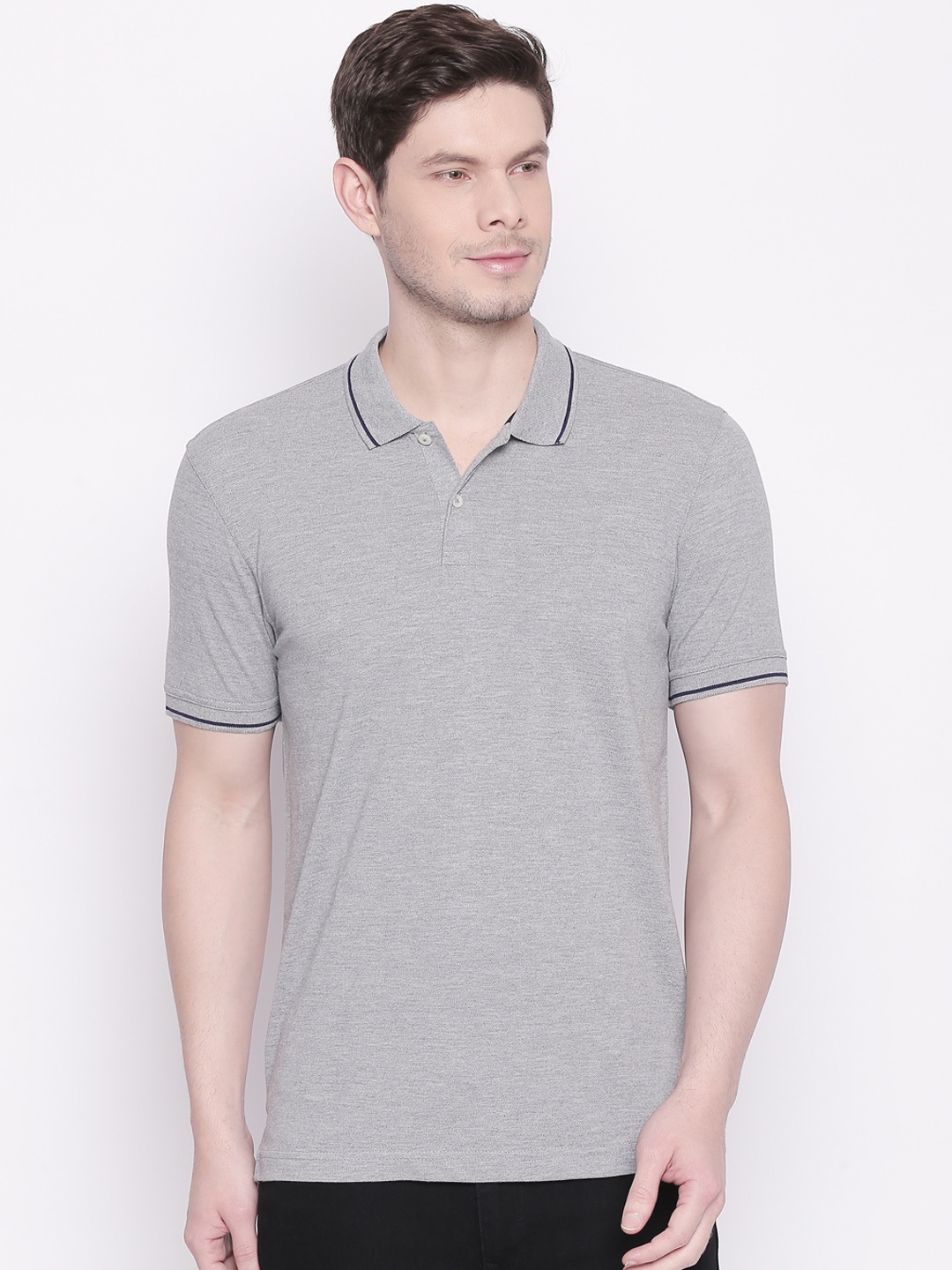 

BYFORD by Pantaloons Men Grey Solid Polo Collar Pure Cotton T-shirt