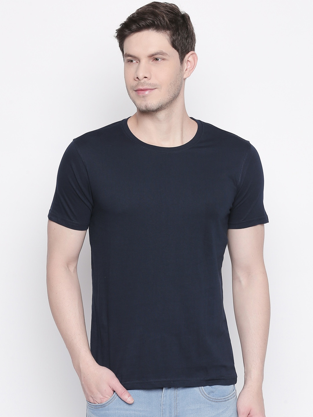 

BYFORD by Pantaloons Men Navy Blue Solid Round Neck Pure Cotton T-shirt