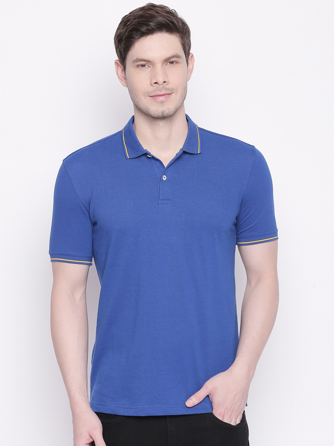 

BYFORD by Pantaloons Men Blue Solid Polo Collar Pure Cotton T-shirt