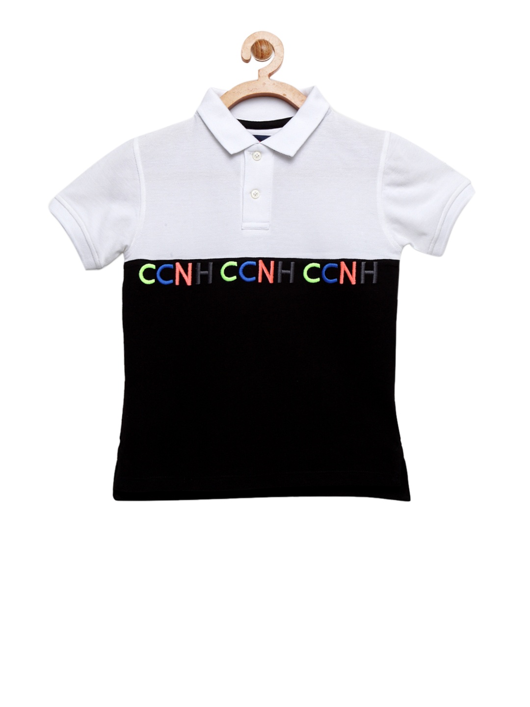 

Cherry Crumble Boys White & Black Colourblocked Polo Collar T-shirt