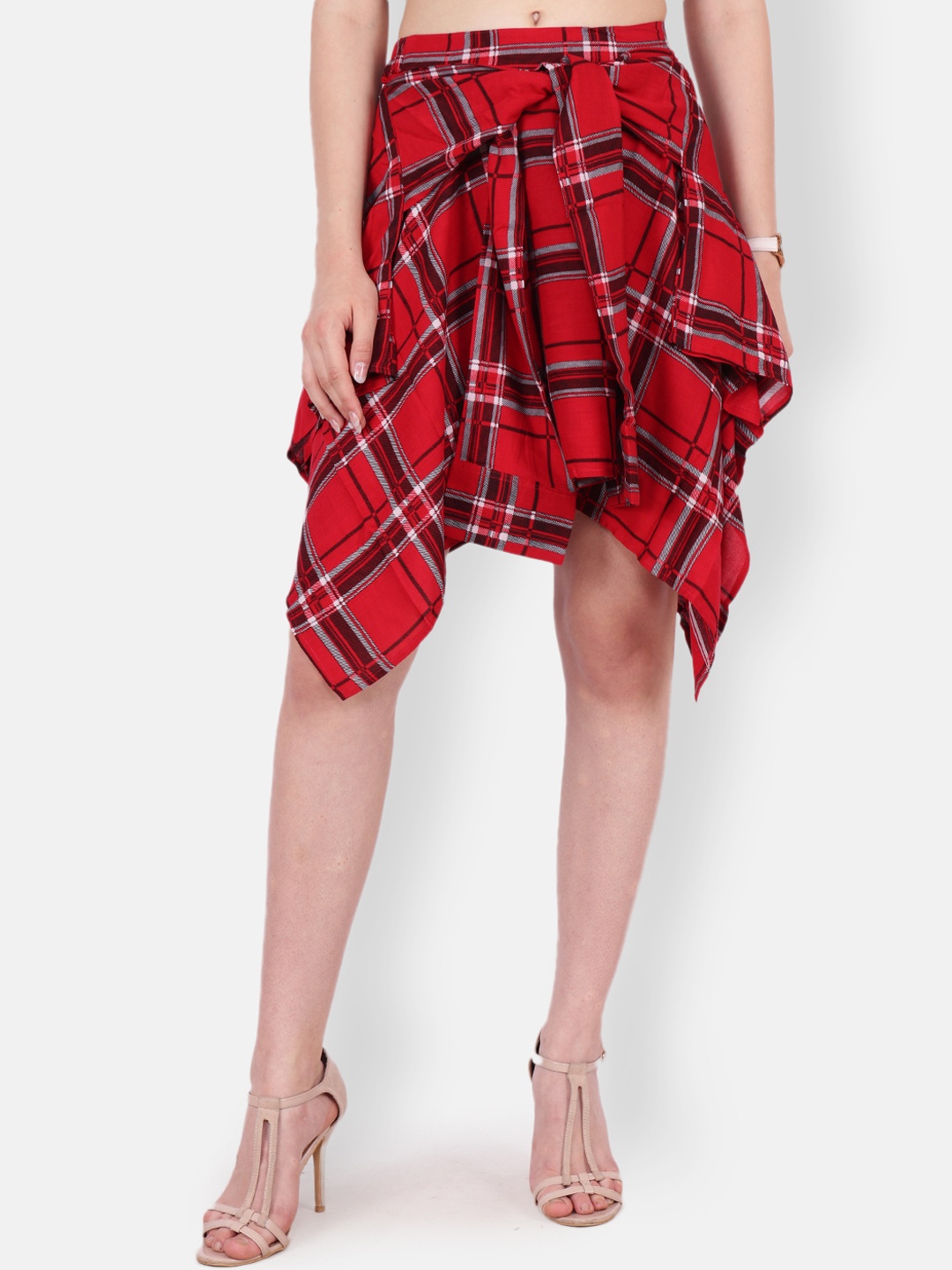 

SCORPIUS Women Red & Black Checked Flared Asymmetrical Skirt