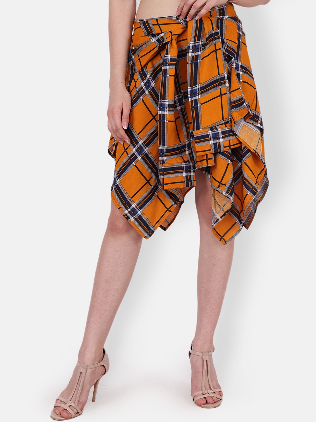 

SCORPIUS Women Mustard Yelloe & Black Checked Flared Asymmetrical Skirt