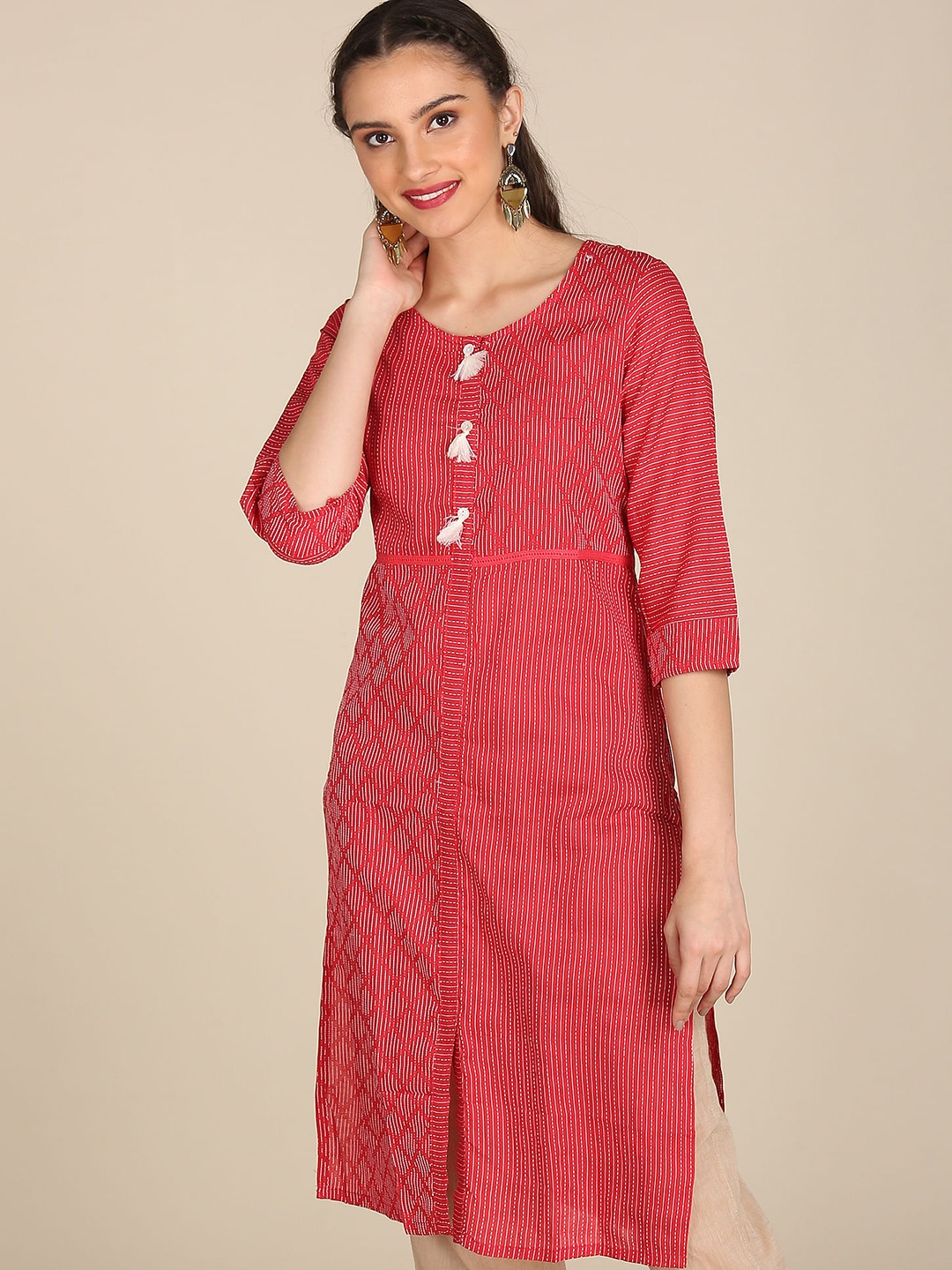 

Karigari Women Coral Pink & Off-White Striped Straight Kurta