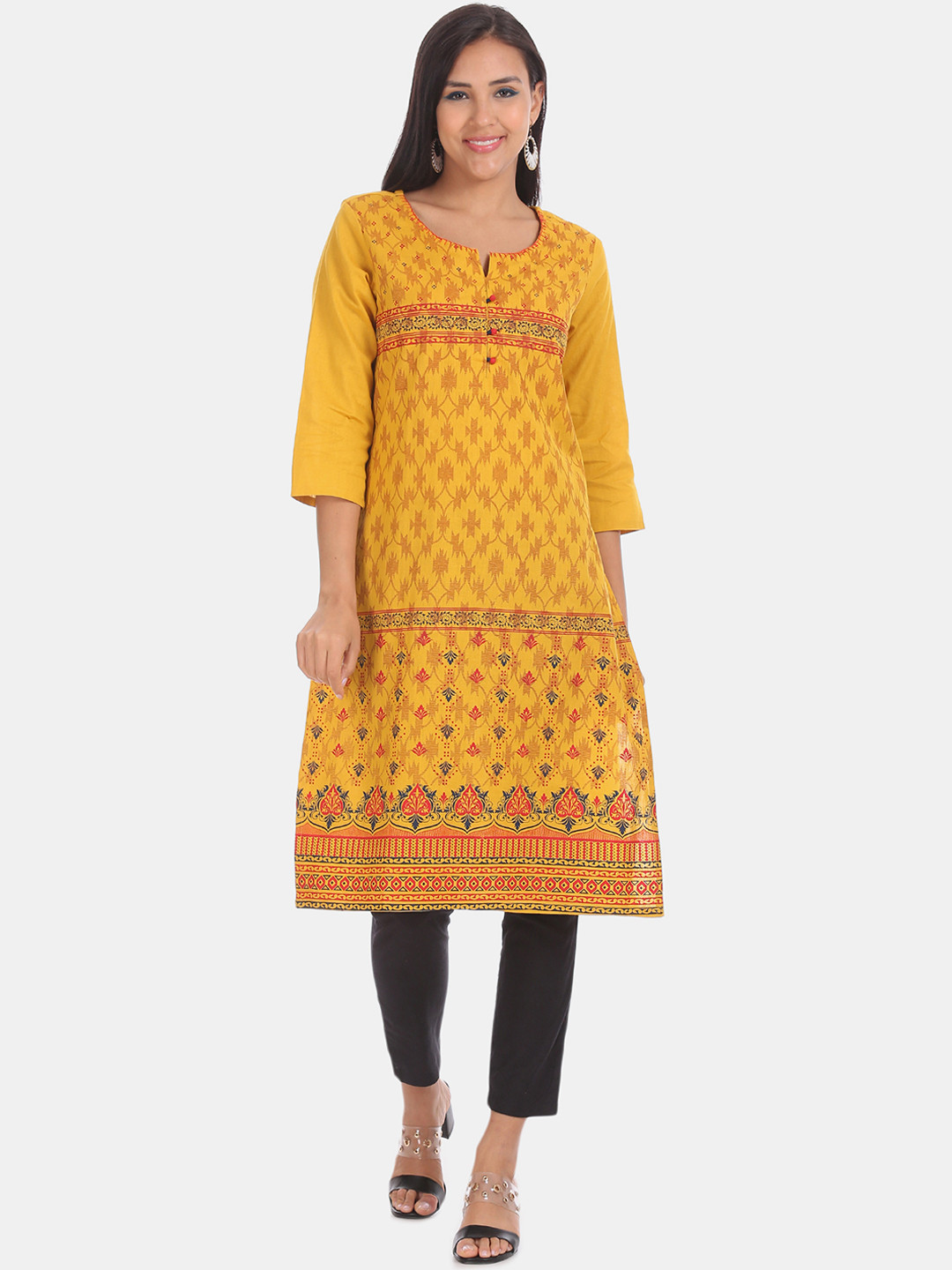 

Karigari Women Yellow Printed Straight Kurta