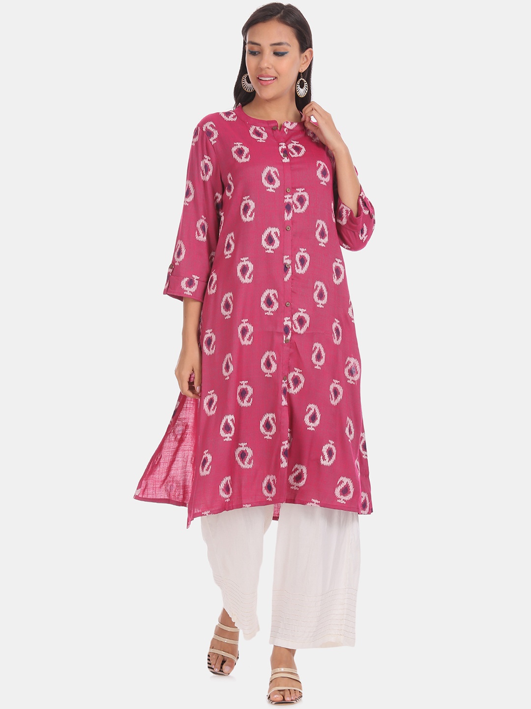 

Karigari Women Pink & White Printed A-Line Kurta