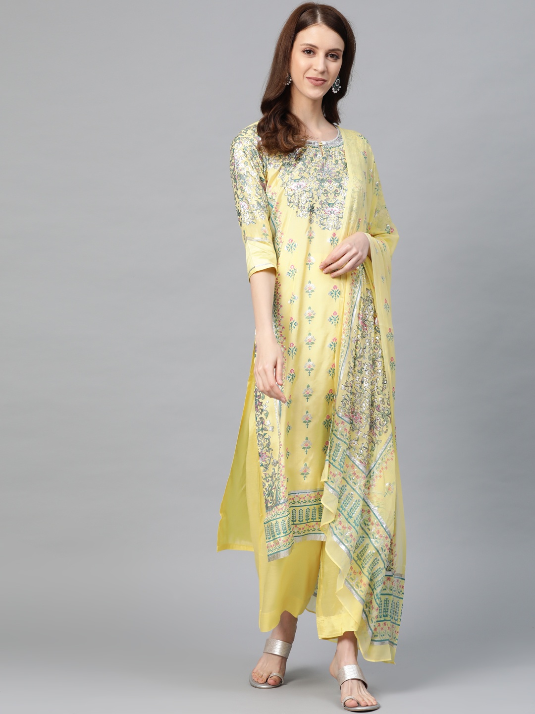 

AURELIA Women Yellow & Green Printed Kurta with Palazzos & Dupatta